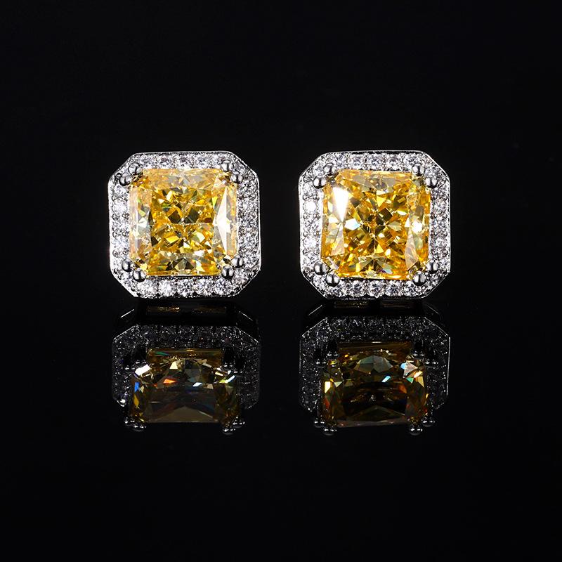 Fashionable and Versatile Ice Flower Cut Pink Diamond Yellow Diamond Red Corundum High Carbon Diamond Square Earrings Main Stone