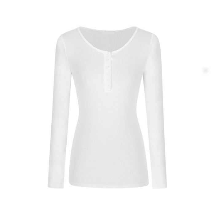 Изогнутая чистая новая футболка с полуоткрытым воротником и пуговицами, с длинными рукавами для женщин, тонкая базовая рубашка, топ на плечах