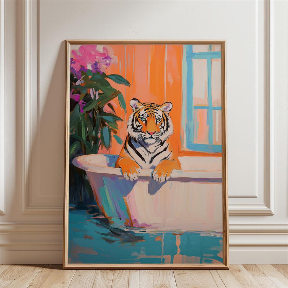 Zebra in Pink Bath Art Print Bathroom Wall Art Poster Funny Cats Bathroom Print Canvas Painting Tiger in Bath Art Toilet Print