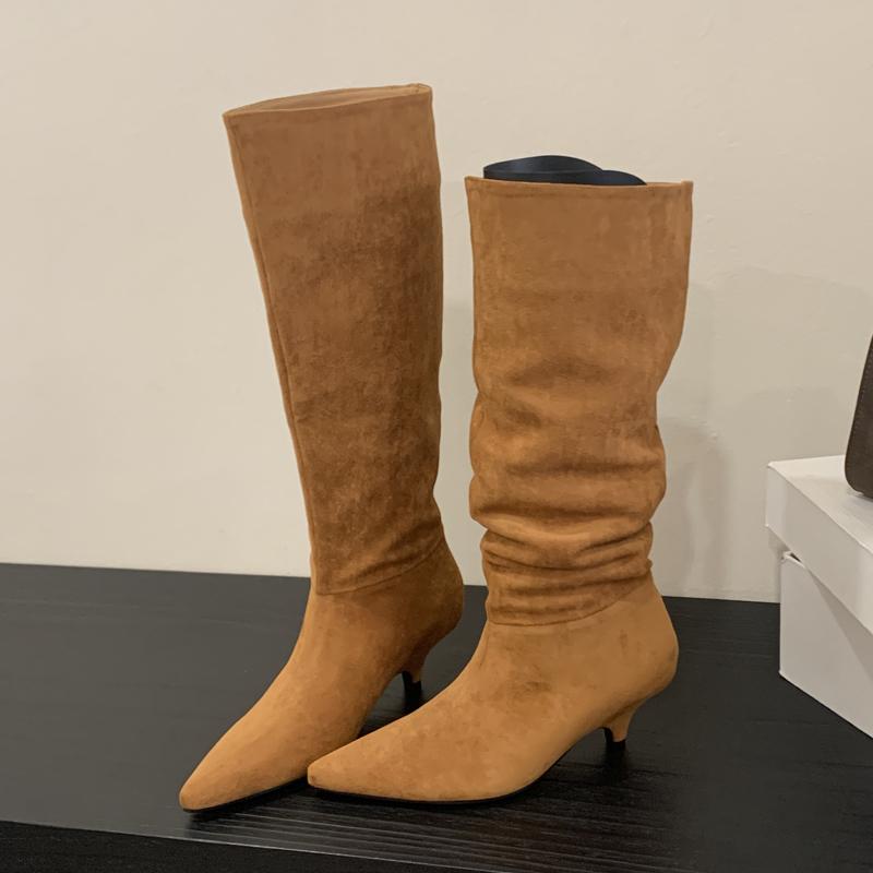 Eilyken Зимние женские сапоги до колена с острым носком, модные туфли на тонком низком каблуке, дизайнерские плиссированные ботильоны