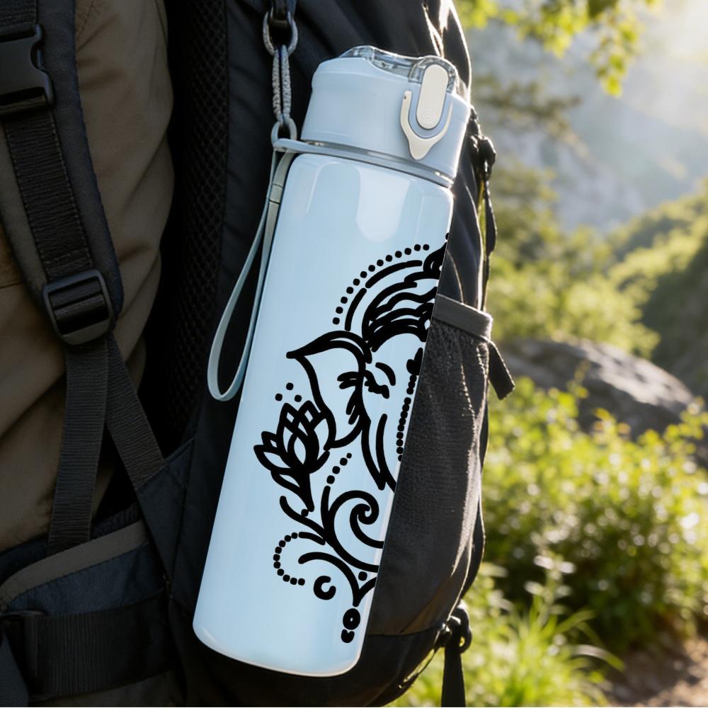 1PC Ganesha Ornate Sketch Graphic,750ml Color Plastic Sports Water Bottle,Leakproof Flip Straw Lid,Suitable for Sports Office Home Use