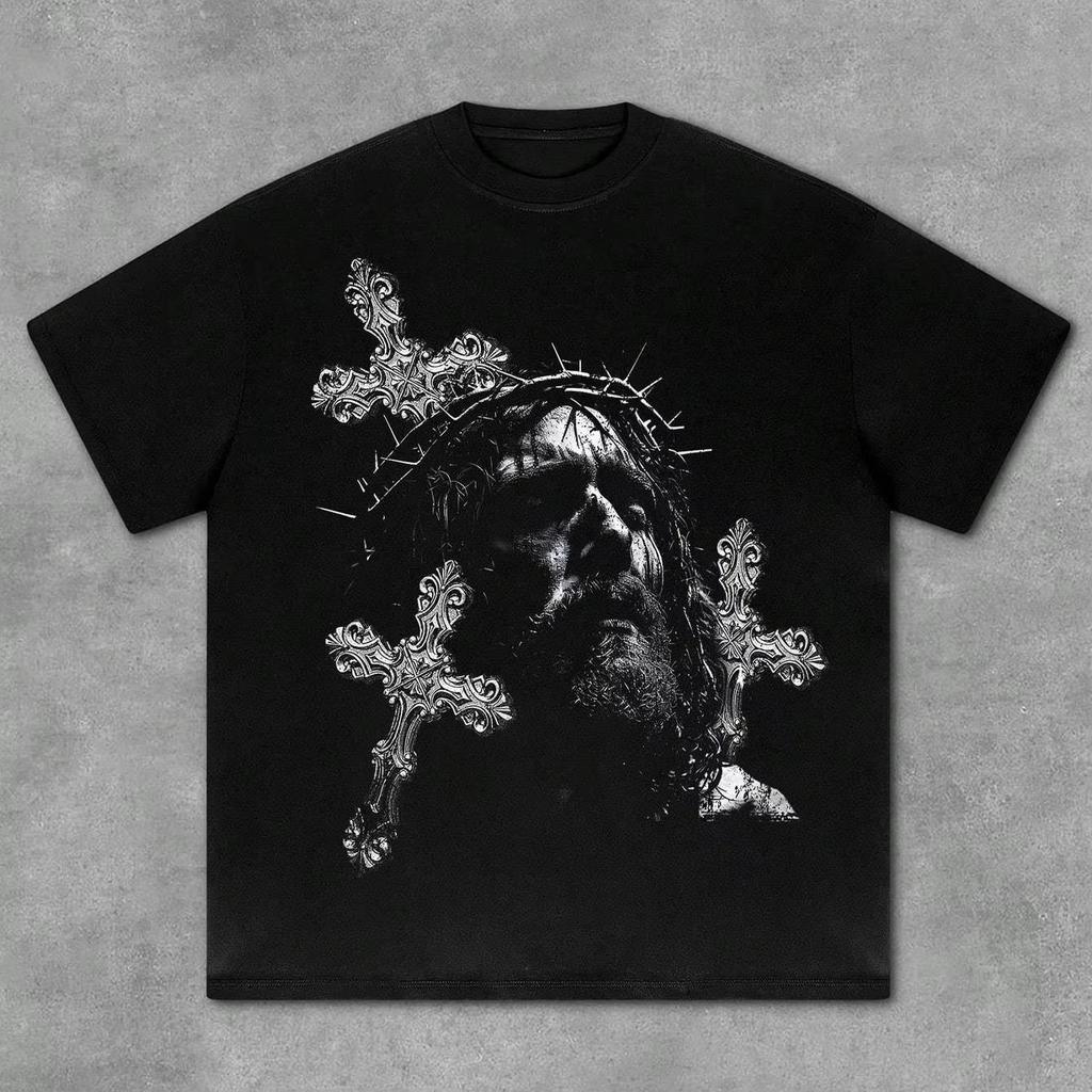 Vintage Thorn Crown Jesus Portrait Cross Print T Shirt Unisex Black Cotton Tee Gothic Dark Streetwear Casual Short Sleeve Tops