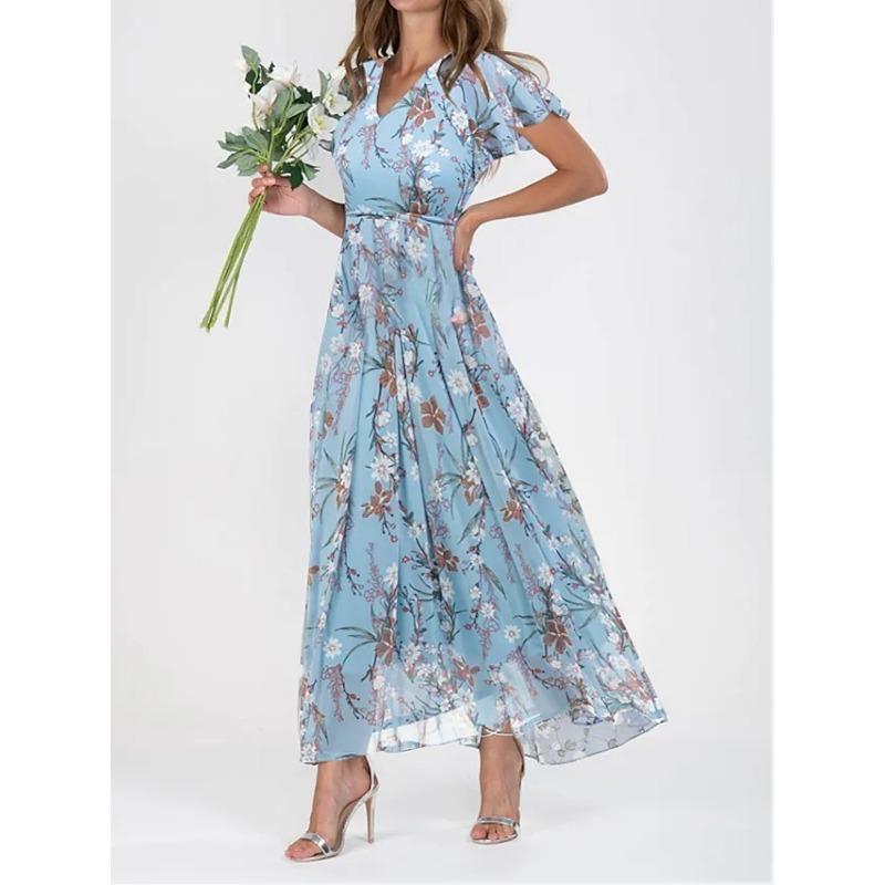 Women's Floral Print V-Neck High Waist Casual Dress for Summer and Spring