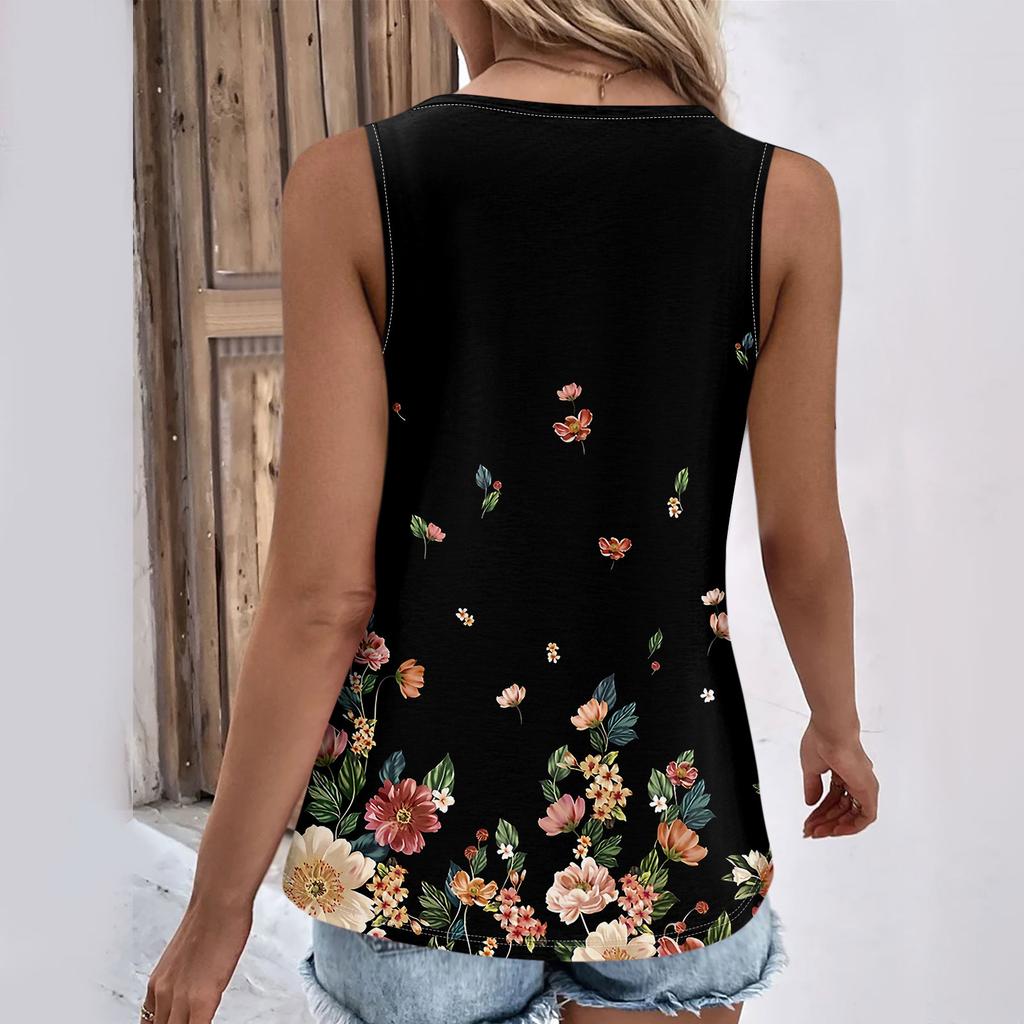 Summer Womens Tank Tops V Neck Casual Printed Sleeveless Shirts Casual Loose Fit Pleated Tshirts Tees Ladies Blouse