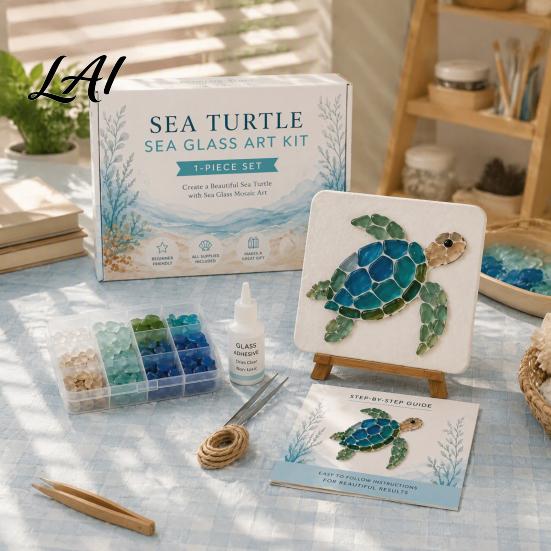 Handmade Desktop Ornaments DIY Sea Glass Mosaic Art Kit Ocean/Landscape Inspired Artwork Complete Making Tools with Colorful Pieces Craft