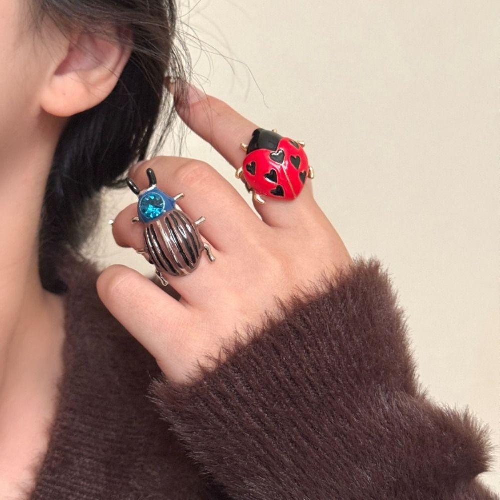 Insect Painting Ring Geometric Chunky Enamel Ring Personality Ladybird Drip Oil Ring  Decoration