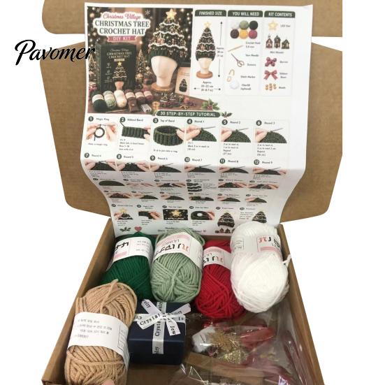 Parent Child Interaction Craft Christmas Tree Crochet Hat DIY Kit, Beginner-Friendly Light-Up Handmade Gift for Friends Complete Kit with Yarn, Tools,