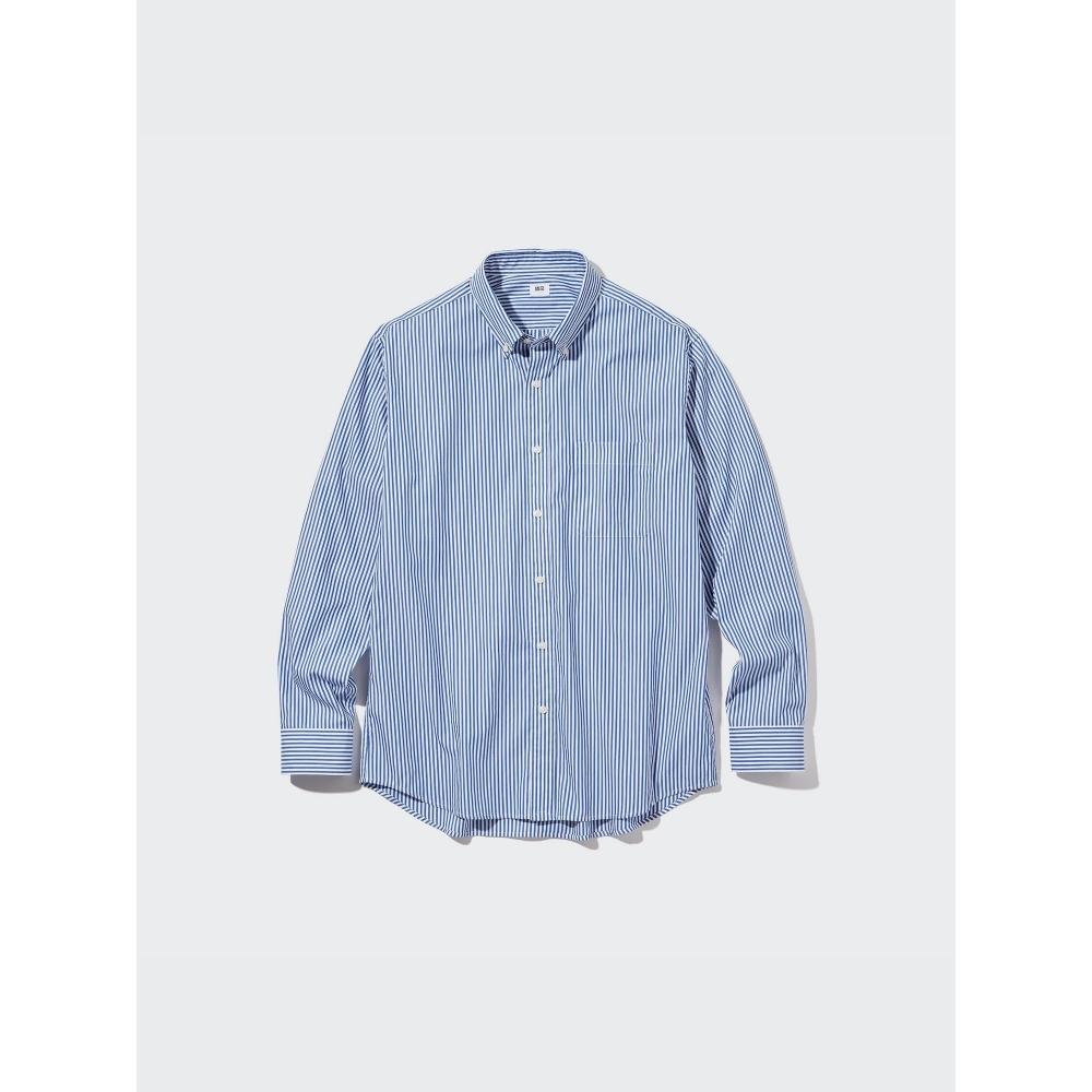 Uniqlo Рубашка BroAdcloth с длинным рукавом и воротником-стойкой в полоску A