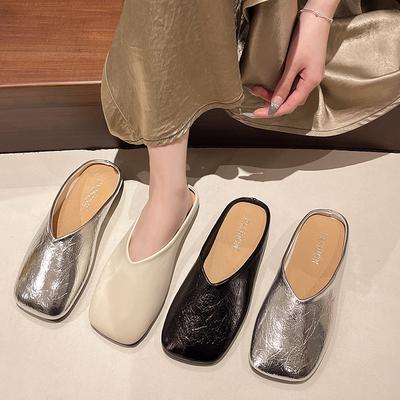 Модные лаконичные мюли с закрытым носком, уличные тапочки для женщин из натуральной кожи, на низком каблуке, летние сандалии, праздничные золотые туфли