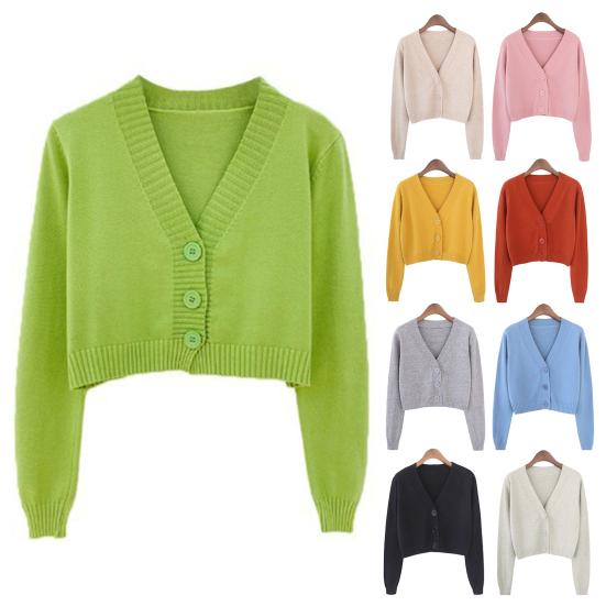 Женский свитер, пальто с V-образным вырезом и длинными рукавами, однотонный однобортный кардиган, один размер, вязаный укороченный женский весенний свитер, женская одежда