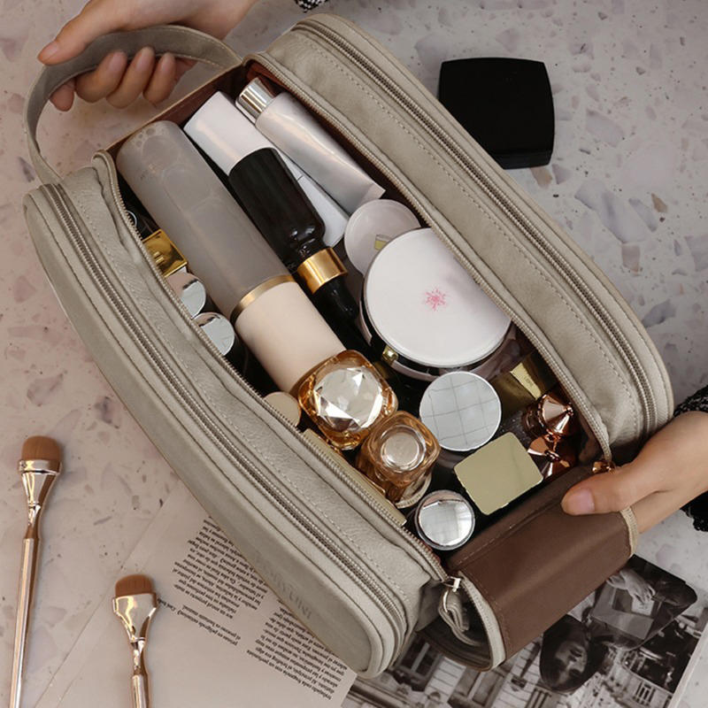 Дорожная косметичка из искусственной кожи, большая вместимость, многофункциональные косметички, переносная сумка для хранения косметических принадлежностей с двойной молнией и кисточками