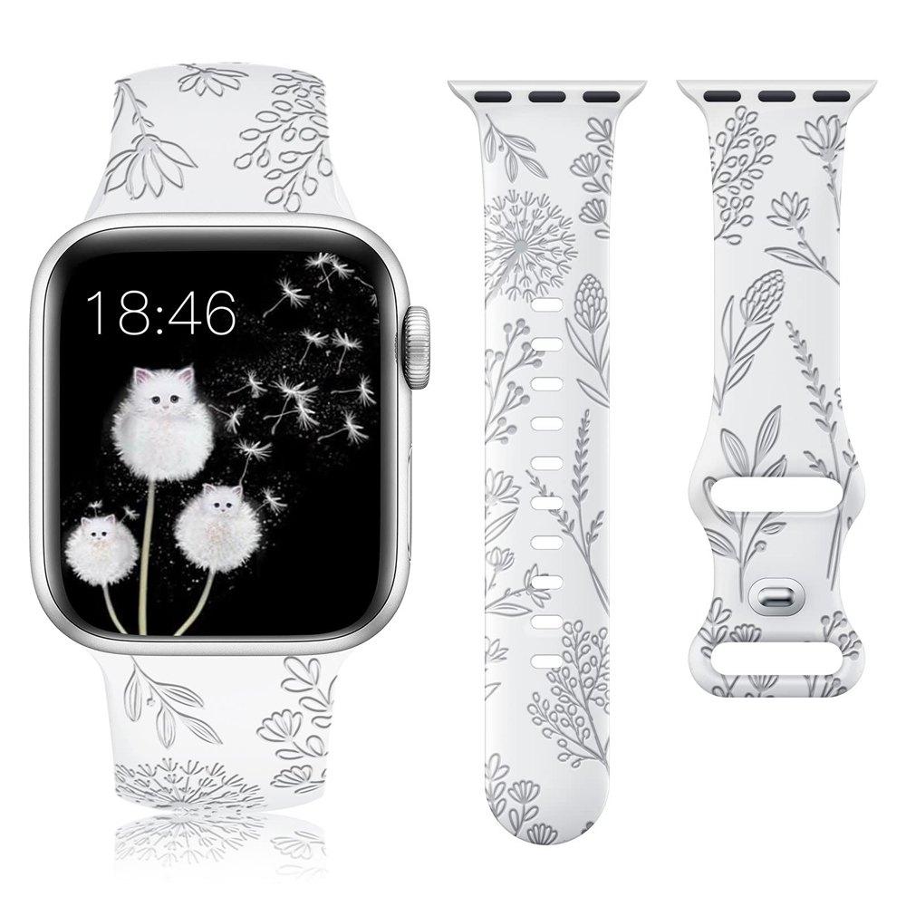Floral Engraved Band for Apple Watch 41/40/38/42/45/49 Dandelion Flower Pattern Silicone Strap for IWatch 8/7/6/5/4/3/SE