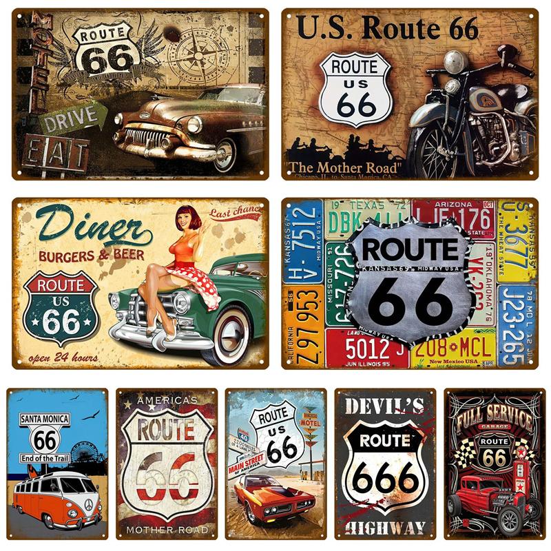 Металлическая табличка Route 66, металлический плакат, жестяная табличка, настенные плакаты, винтажный ретро-эстетический декор комнаты, настенное искусство, украшение