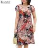 Women Short Sleeve Round Neck Vintage Print Dresses