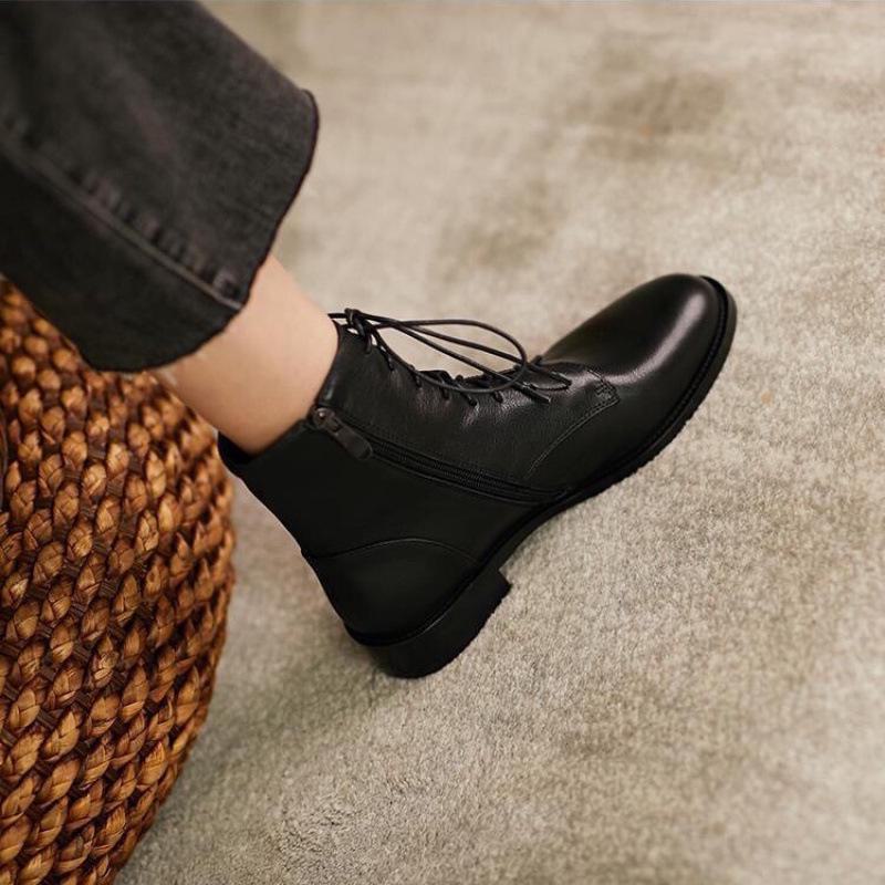 Женские черные ботинки Martin в британском стиле — натуральная мягкая кожа, средний каблук, мягкая подошва, короткие ботинки для весны и осени.