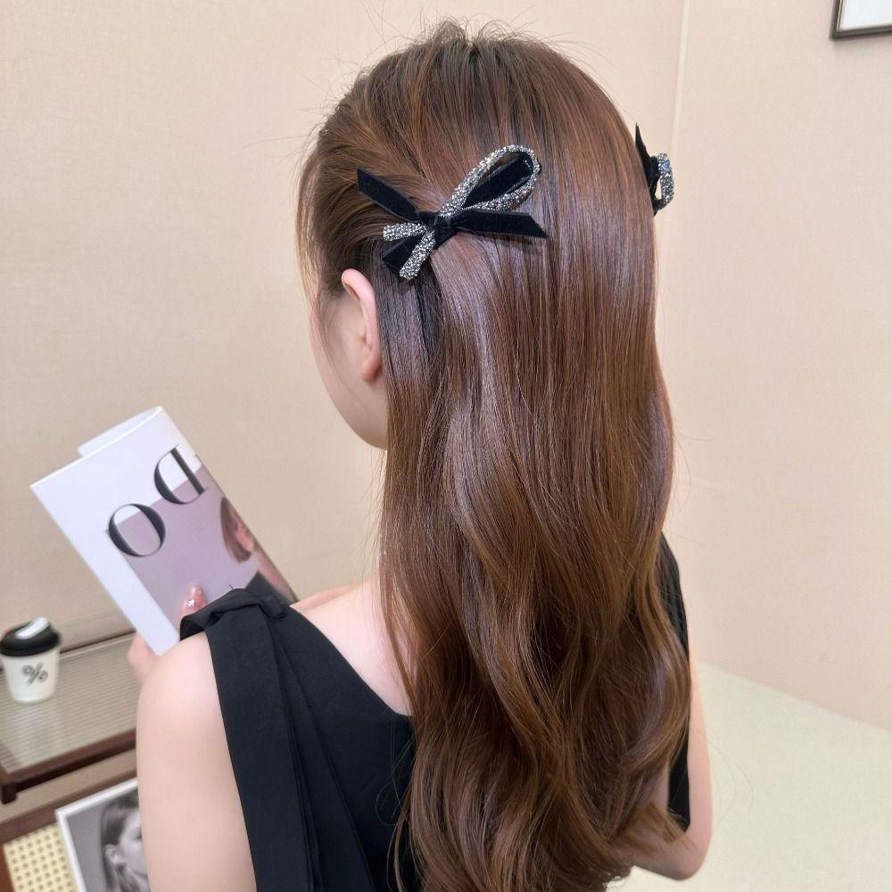 Top Barrette Velvet Bow Hairpin Black Bangs Side Clip Sweet Rhinestone Duck Bill Clip Daily