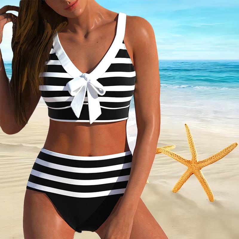 Shoulder Swimsuit Striped Womens Strap Printed Bikini Short Tank Top Swimsuit