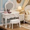 1:12 Scale Dollhouse Vanity Table Set: Mini Furniture for Bedroom Scene, Dresser, Nightstand, Makeup Desk, Lamp & Stool Ornament