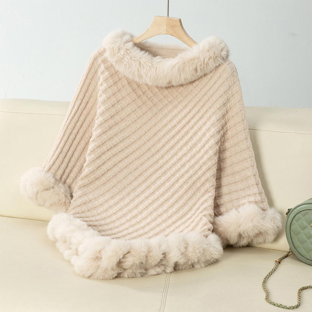Casual Poncho for Women Solid Color Shawl Wrap Cape with Faux Fur Trim Winter Sleeveless Cloak Coat Womens Warm Pullover Luxury Knitted Sweater Poncho