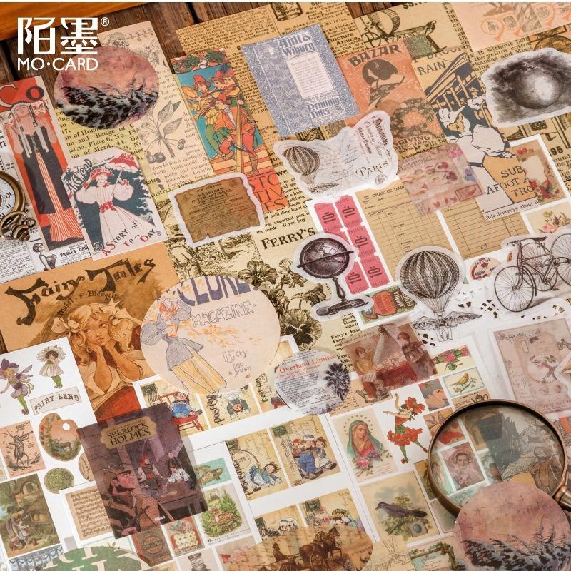 Ретро Набор Материалов для DIY Декора, 83 шт. (Наклейки + Бумажный материал), Винтажный Цветочный/Часовой Узор, для Журнала Скрапбукинга