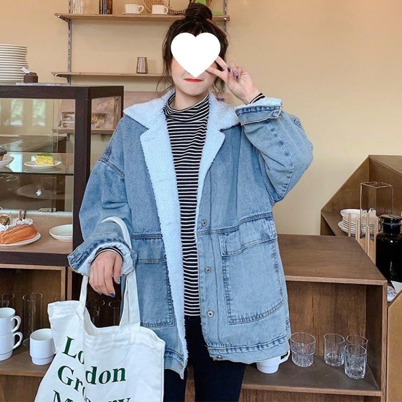 Женская джинсовая куртка с подкладкой из овечьей шерсти в уличном стиле 2025 - Корейский свободный крой