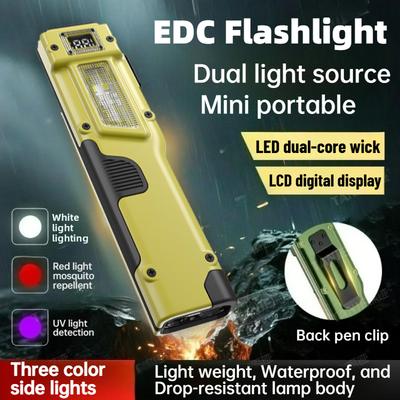 Фонарик EDC с высокой яркостью, цифровой дисплей, перезаряжаемый через USB-C, плоский фонарик, двойные переключатели и боковой свет для кемпинга, пеших прогулок