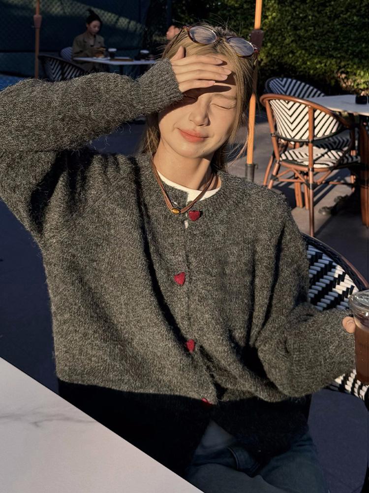 Модная шикарная куртка на пуговицах с сердечками, женский мягкий ворсистый вязаный свитер-кардиган, осенне-зимний повседневный ленивый топ с длинным рукавом