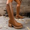 Retro Brown Thick Bottom Long Riding Boots Women 2025 Winter Comfort Platform Thick Heel Western Cowboy Boots Knee High Booties