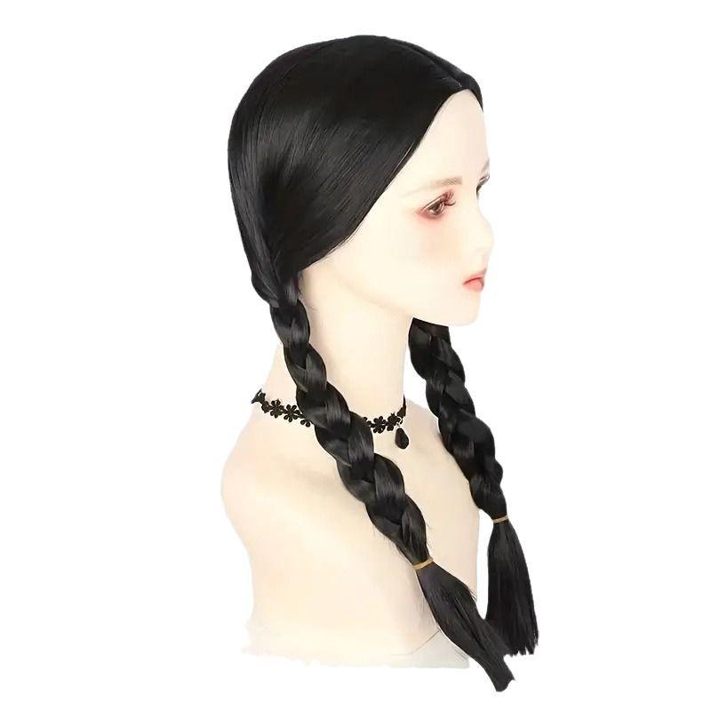 Black Wednesday cos wig, Adams family, double braids, ponytail, full hood