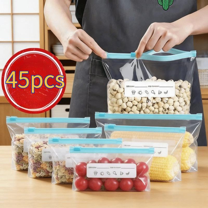 45pcs(S20+M15+L10) Многоразовые пакеты для хранения на молнии, Герметичные пакеты для заморозки 3 размеров, для мяса, фруктов, овощей, круп, Органайзер для кухни