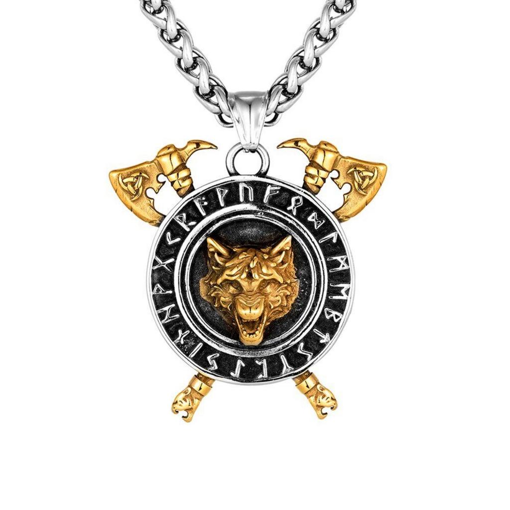 Mix Gold Color Thor's Hammer Wolf Necklaces Retro Norse Odin's Wolf Head Amulet Pendant Men Viking Runes Jewelry