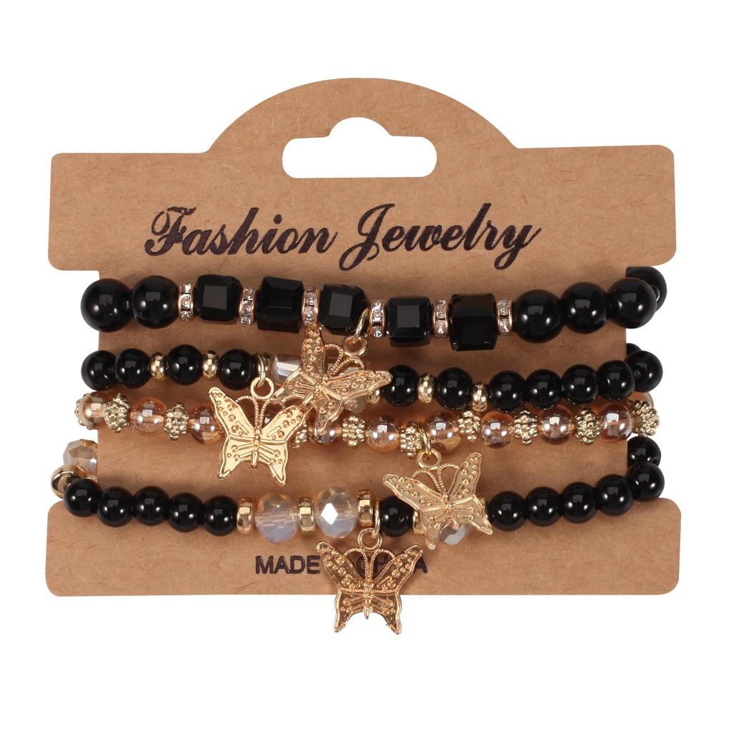 Handmade Bohemian Butterfly Layered Bracelet Set: 4-Piece Beaded Crystal Rhinestone Design