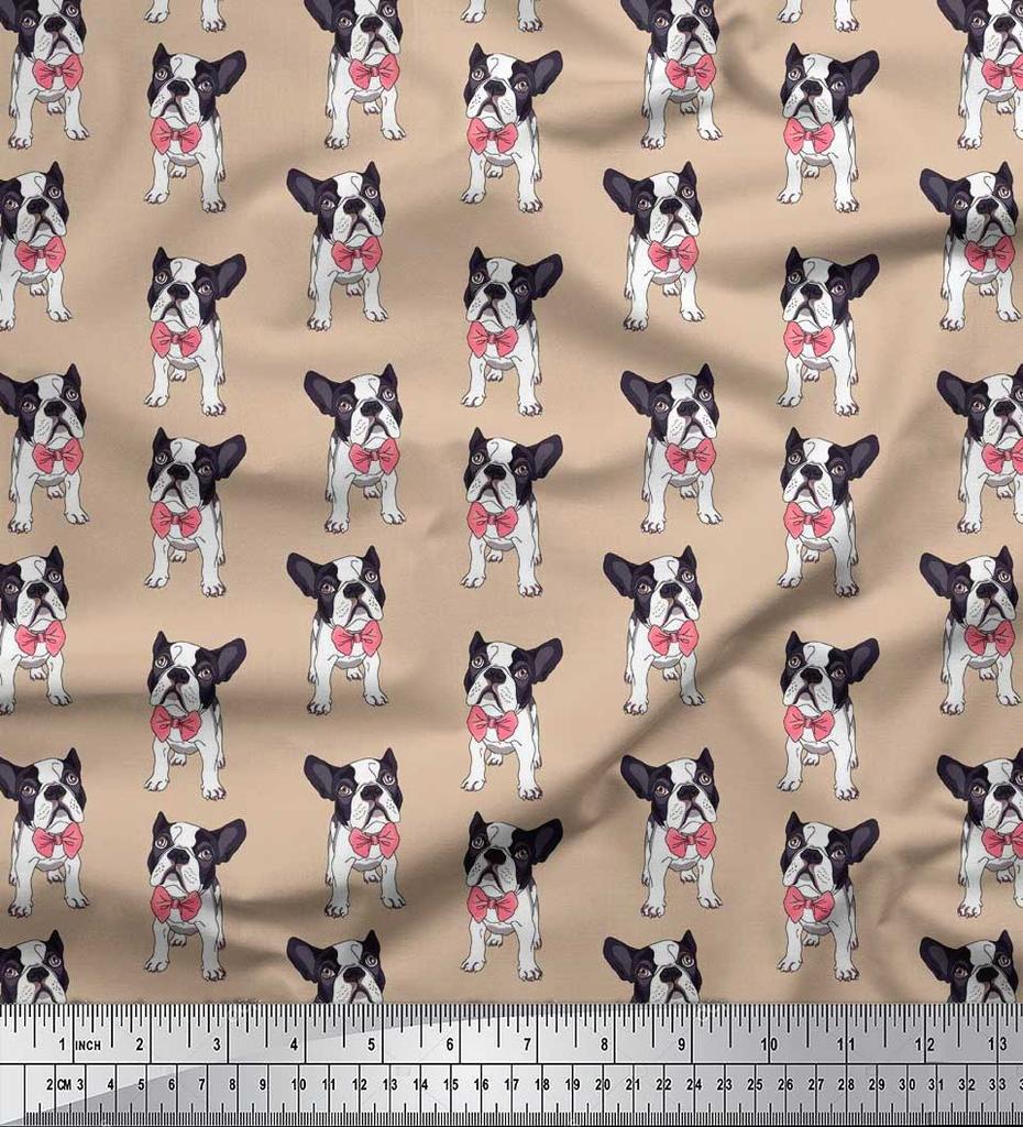 Soimoi Japan Crepe Satin Fabric Bow & Boston Terrier Dog Print Fabric by the Metre 42 Inch