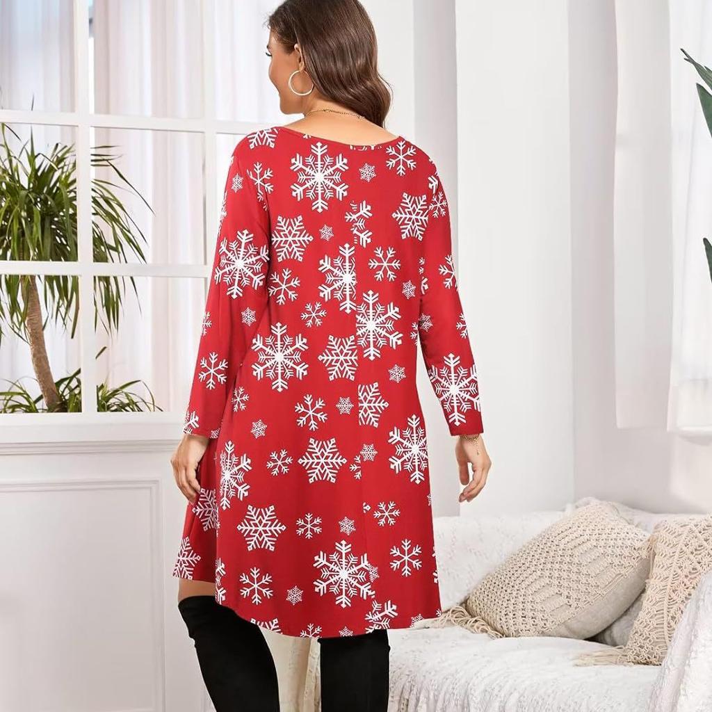 Весенне-осенние модные рождественские платья с мультяшным принтом, женское платье среднего размера с рукавами среднего размера