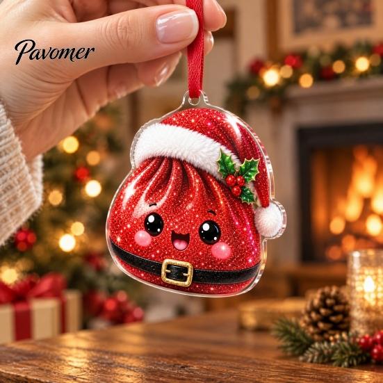 Unique Holiday Party Favors 2D Acrylic Christmas Ornament, Cute Luck Bag Bun Hanging Decor, Flat Pendants Tree Pendant for Home Gift Exchange
