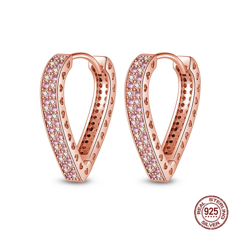 100% 925 Sterling Silver Rose Gold Heart Geometric Pave CZ Hoop Earrings for Women Wedding Engagement Birthday Jewelry Gift 2023