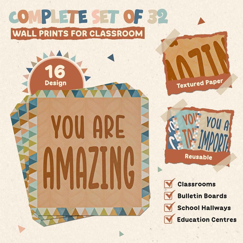 4E's Novelty Boho Classroom Bulletin Board Sets, Boho Motivational Bulletin Board Decorations & Positive Affirmations School Wall Decor Classroom