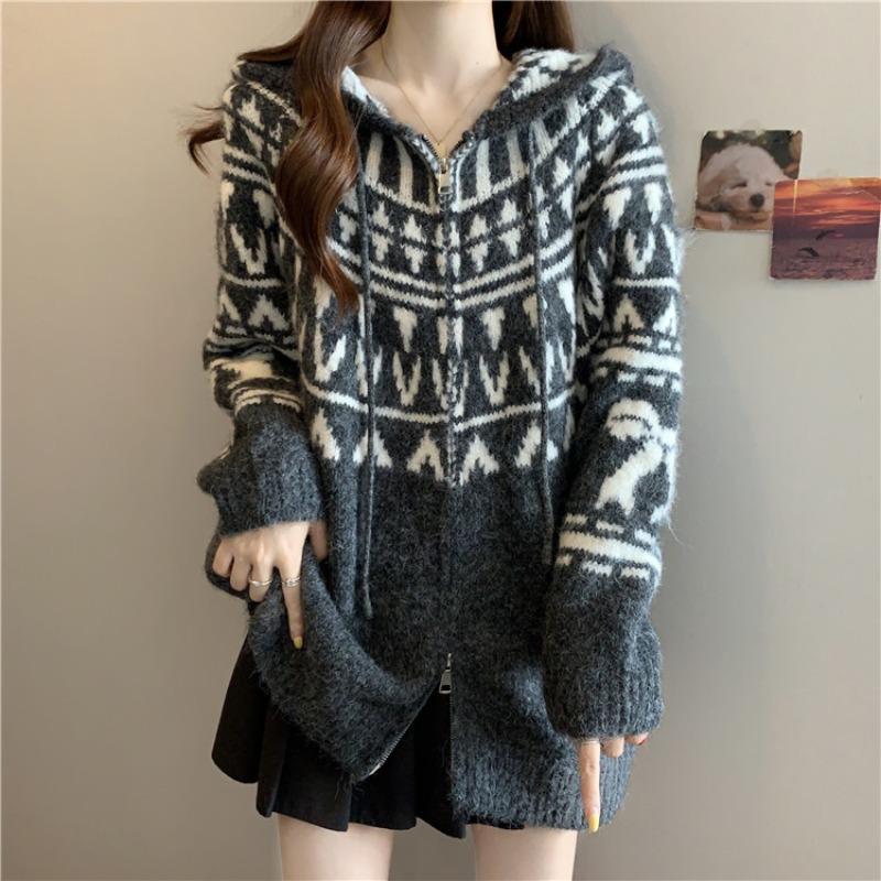 Винтажный жаккардовый кардиган в стиле Fair Isle для женщин, осенне-зимний, утолщенный, в ленивом стиле, свободный, с капюшоном, вязаная куртка-свитер, топ