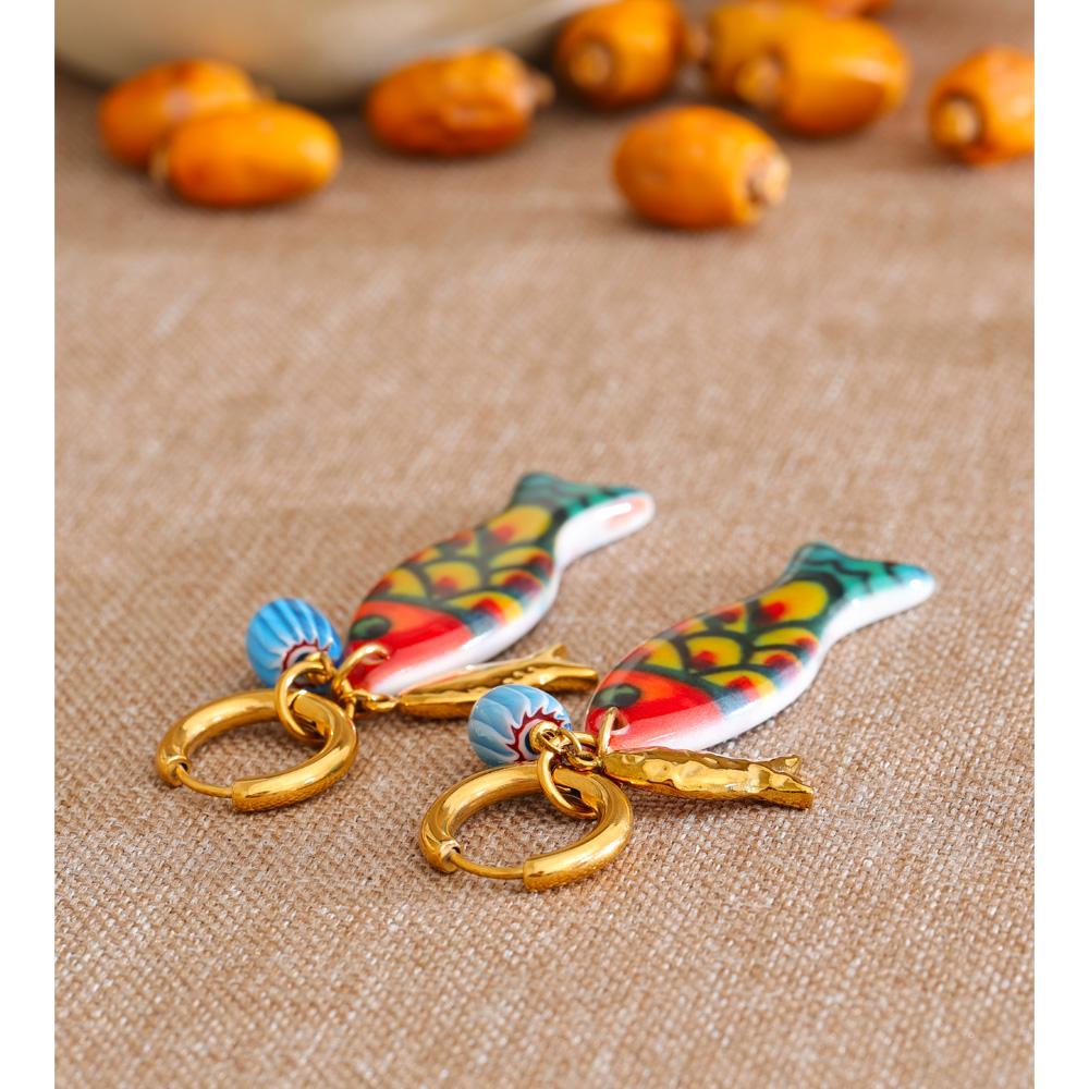 Yhpup Stainless Steel Colorful Resin Fish Drop Earrings for Women Ocean Style Golden PVD Plated Vintage Fashion Jewelry Trending