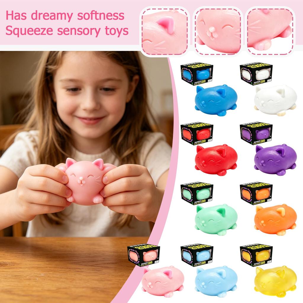 Soft Squeeze Cat Sensory Toy for Stress Relief Squishy Animal Figure for Relaxation and Hand Exercise for Adults and Kids