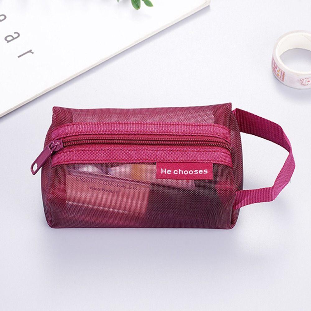 Retro Color Transparent Cosmetic Bag Zipper Toiletry Storage Bag Cute Mesh Makeup Bag Lady