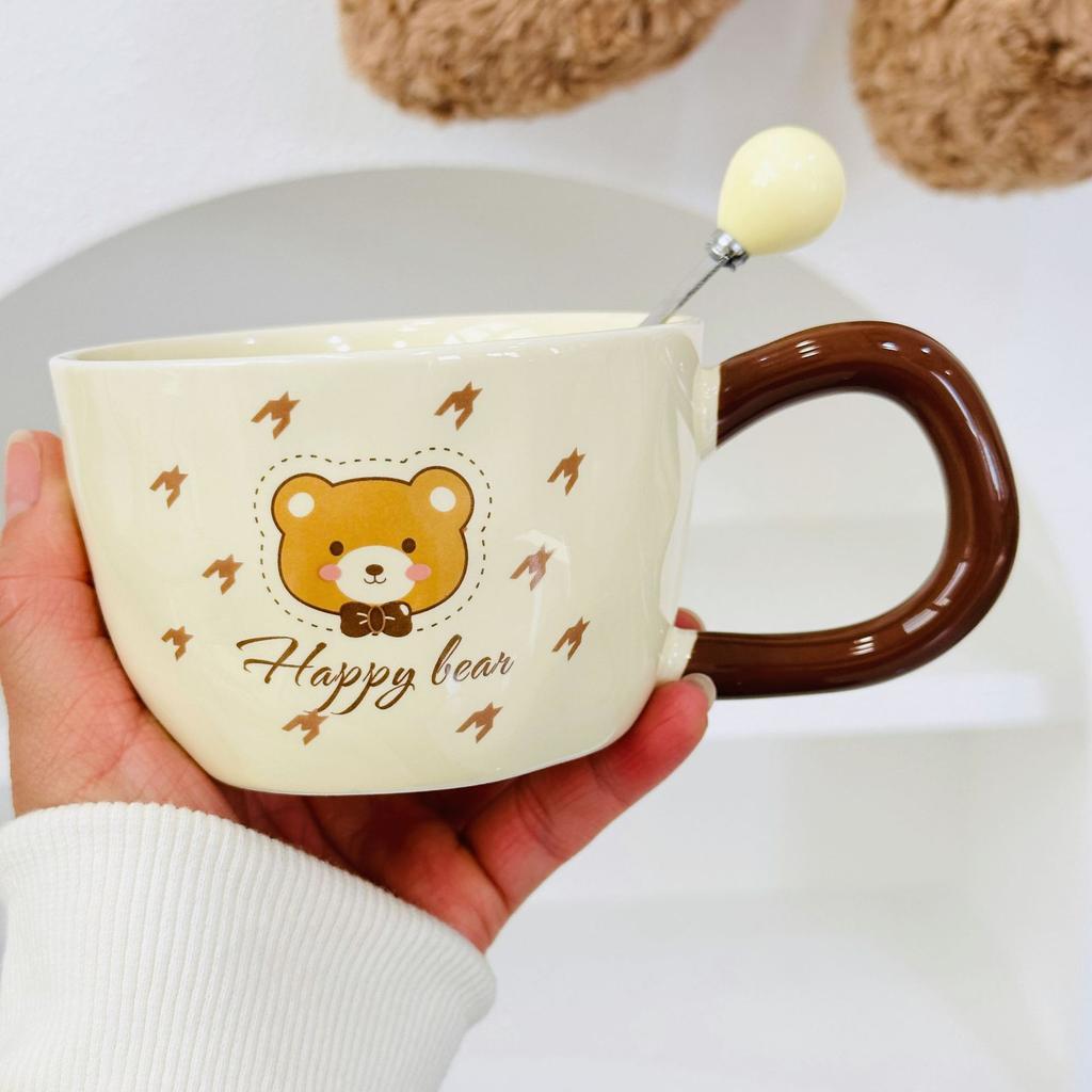 Милая кружка с медведем, кружка с животным, с крышкой и ложкой, в стиле инс, набор керамических кружек для девочек, чашка для завтрака, для офиса