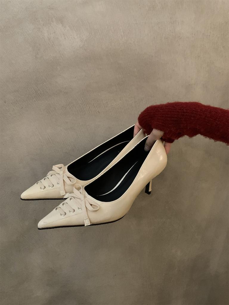Spice Girl Style Strap Bow Design Pointed High Heels 2025 Spring New Thin Heel Shallow Mouth Sexy Single Shoes Women's Shoes