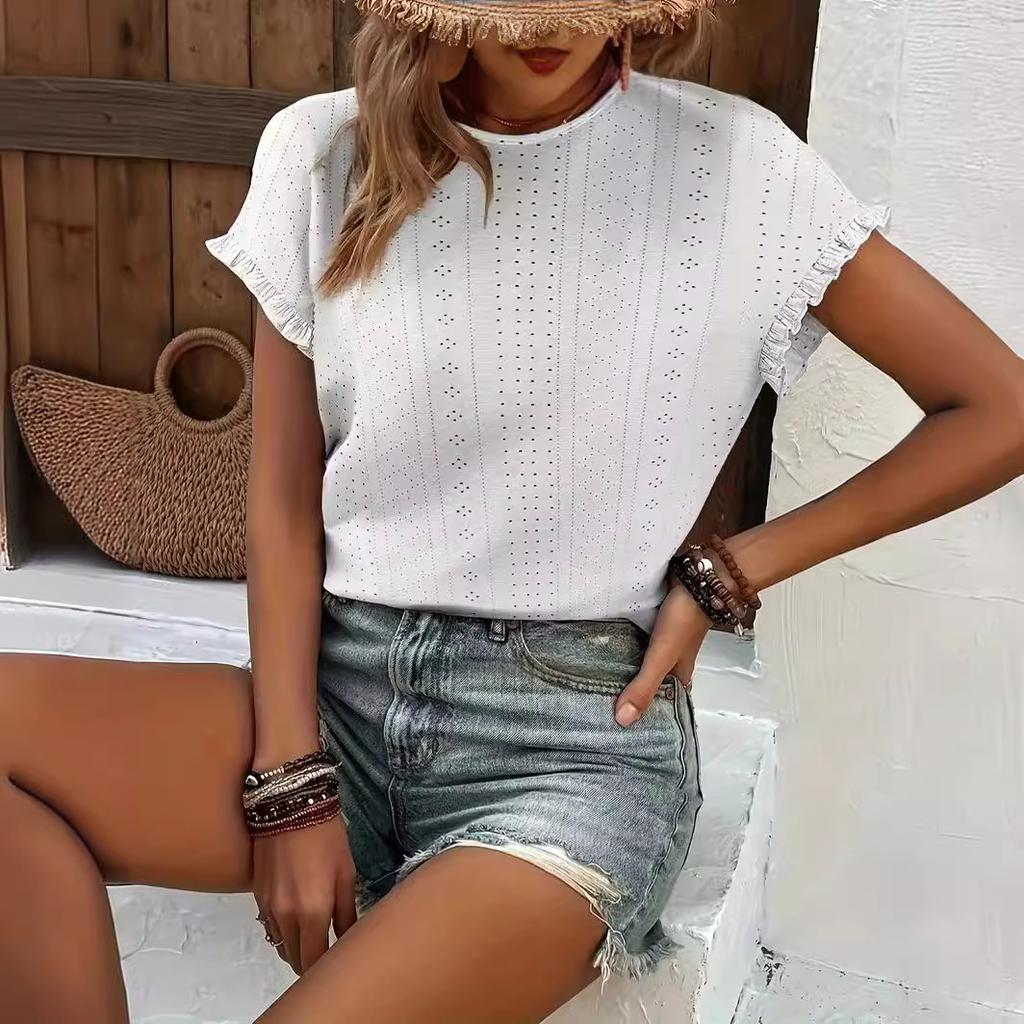 Весна-лето женская однотонная футболка с круглым вырезом и оборками, рукавами «летучая мышь»