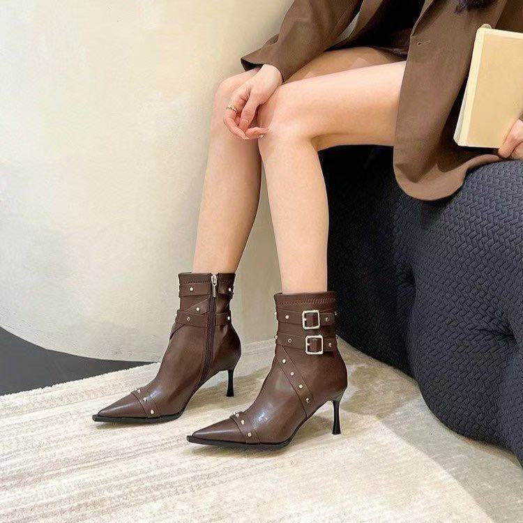 Ботильоны на шнуровке на высоком каблуке с заклепками, женские, 2025 осень, новые модные универсальные ботинки из мягкой кожи