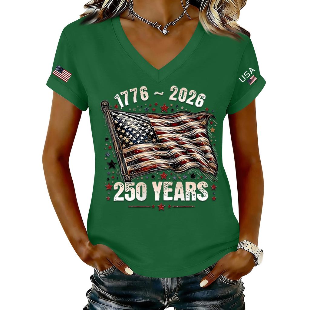 Women's Fashionable V-Neck Casual Retro Print Short Sleeved T-shirt Top