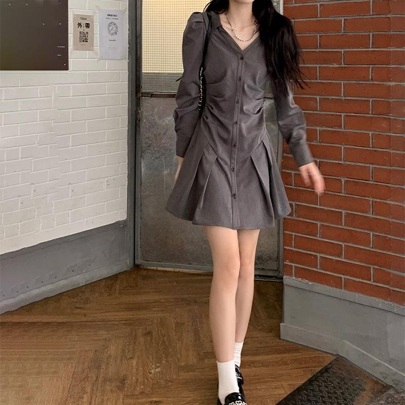 Платье-рубашка с v-образным вырезом, женское весеннее тонкое милое платье-пиджак с воротником, повседневное модное элегантное серое сексуальное платье