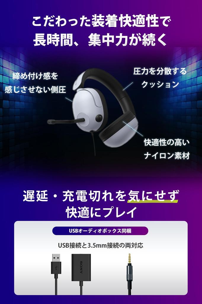 Sony Игровая гарнитура INZONE H3 Проводная 3D-звук Низкая задержка Меньше утомляет даже после длительного использования В комплекте с подвесным микрофоном Можно использовать переключатель PS5