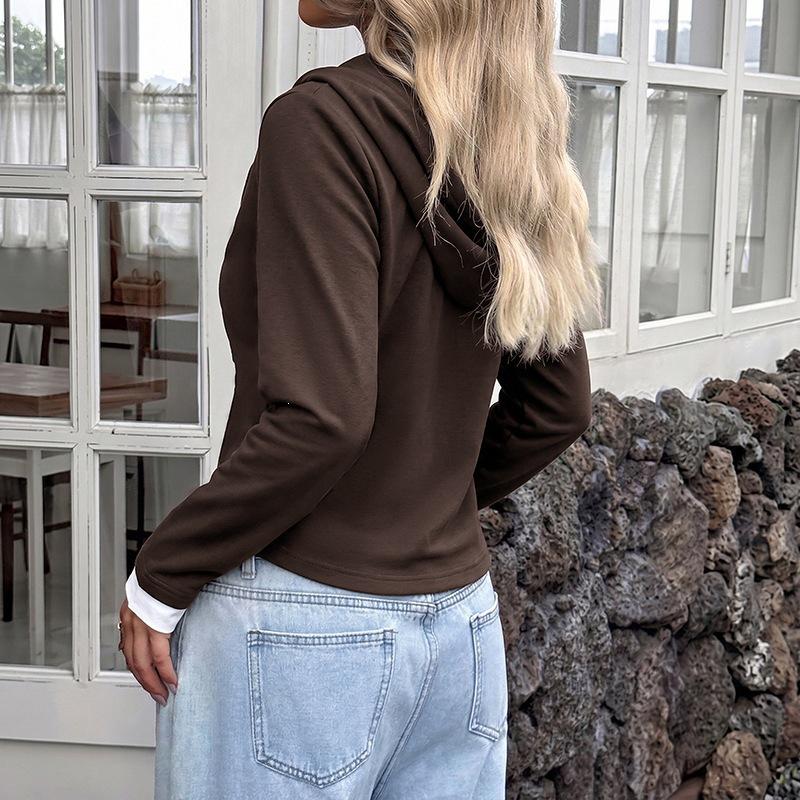 2026 Autumn/Winter Women's Slim Fit Faux Two-Piece Hooded Sweatshirt