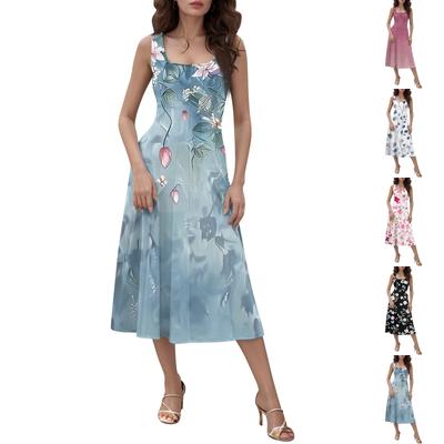 Женское повседневное модное платье миди с круглым вырезом без рукавов и боковыми карманами